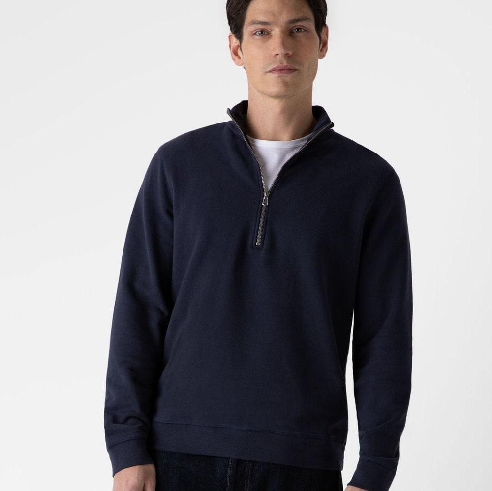 Sunspel Half Zip Loopback Sweatshirt Navy Medium